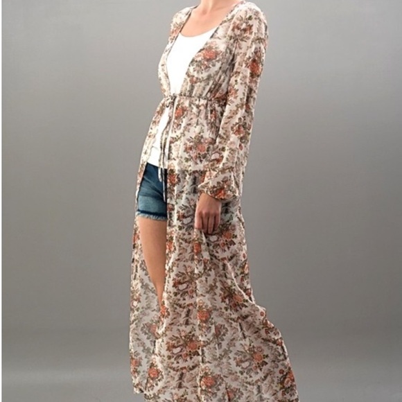 Tops - Maxi length chiffon floral kimono